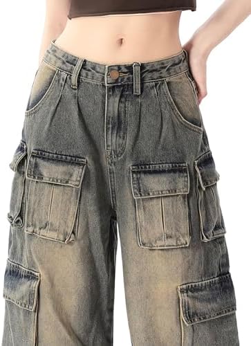 Cotoinddy Jeans feminino com vários bolsos hip hop streetwear